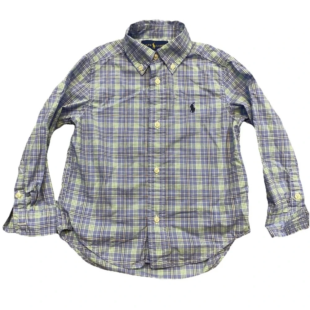 Ralph Lauren Dress‎ Shirt Boys 3T Blue Green Plaid Button Front Long Sleeve